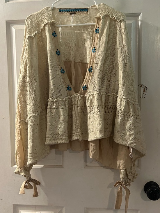 Free People Tops - Free People Cream Crochet Peplum Open Cardigan with Blue Embroidery